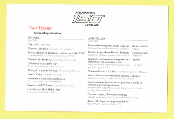 Cartolina Dati Tecnici Ferrari 150° Italia - immagine 2