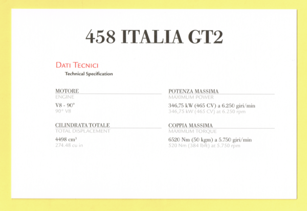 Cartolina Dati Tecnici Ferrari 458 Italia GT2 - immagine 2