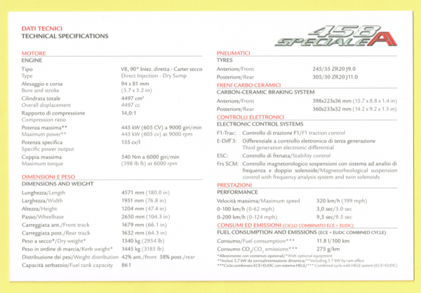Cartolina Dati Tecnici Ferrari 458 Speciale A - immagine 2