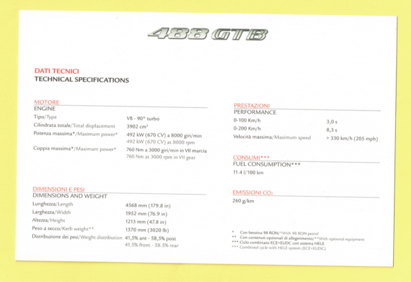 Cartolina Dati Tecnici Ferrari 488 GTB - immagine 2