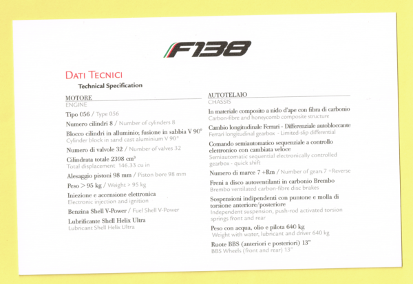 Cartolina Dati Tecnici Ferrari F138 - immagine 2