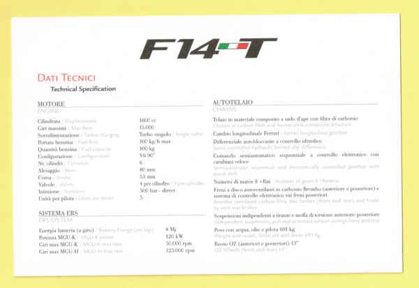 Cartolina Dati Tecnici Ferrari F14 T - immagine 2