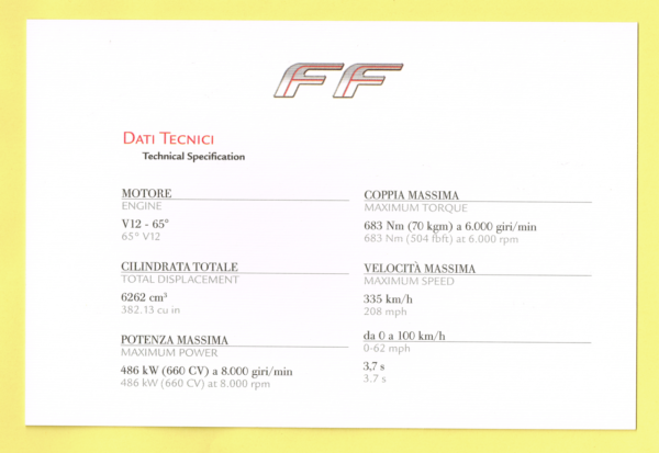 Cartolina Dati Tecnici Ferrari FF - immagine 2