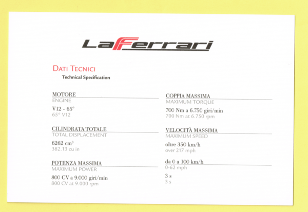 Cartolina Dati Tecnici Ferrari LaFerrari - immagine 2