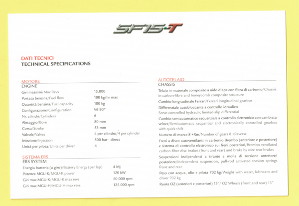 Cartolina Dati Tecnici Ferrari SF15-T - immagine 2