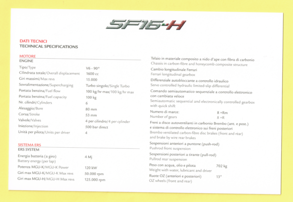 Cartolina Dati Tecnici Ferrari SF16-H - immagine 2