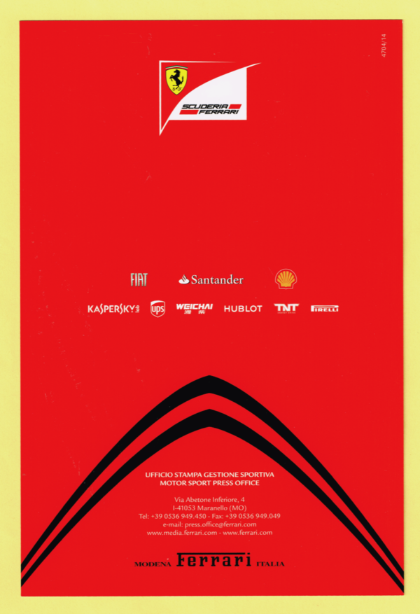 Cartolina Scuderia Ferrari 2014 Kimi Raikkonen #4704/14 - immagine 2
