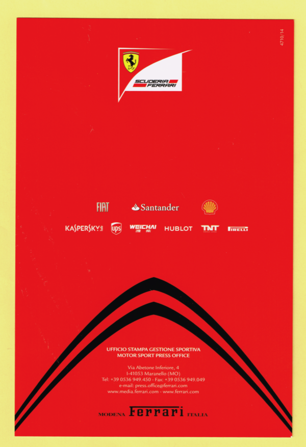 Cartolina Scuderia Ferrari 2014 Kimi Raikkonen #4710/14 - immagine 2