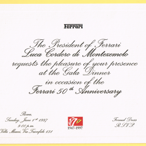 Ferrari 50th Anniversary Gala Dinner invitation by Luca Cordero di Montezemolo