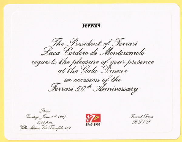 Ferrari 50th Anniversary Gala Dinner invitation by Luca Cordero di Montezemolo
